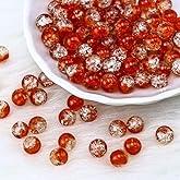 FAMLEAF 100Pcs 8mm Crackle Lampwork Glass Beads, Glass Beads for Jewelry Making, Crackle Beads, Loose Beads, Handcrafted Round Spacer Beads, Crystal Beads for Bracelet Jewelry Making(Orange)