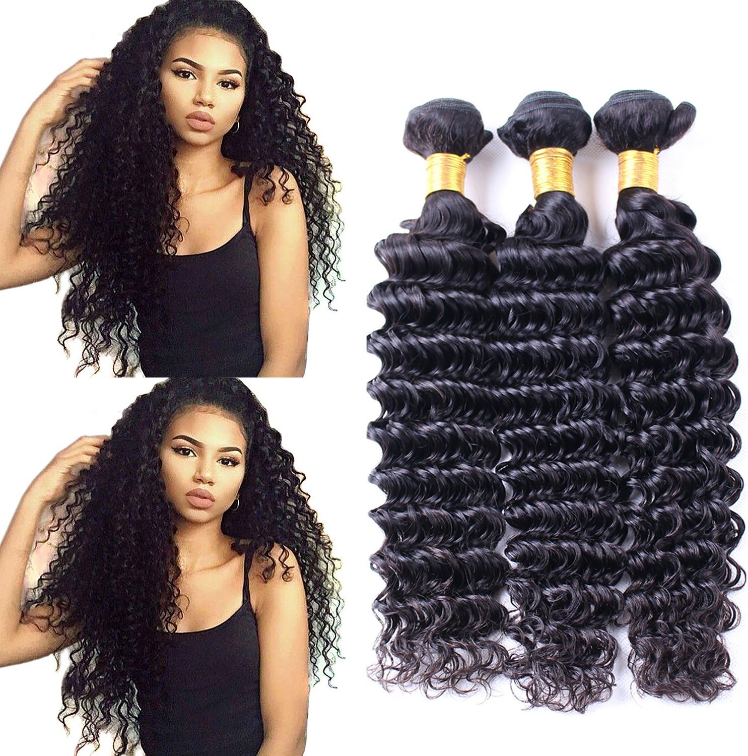 3 Bundles Deal Brazilian Virgin Deep Wave Curly Human Hair Weave Extension 100 g/Piece (14 14 14)