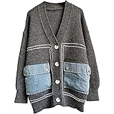 FindThy Women’s Casual Button Up Cardigan Oversized Long Sleeve Jean Patchwork Sweater Cardigans