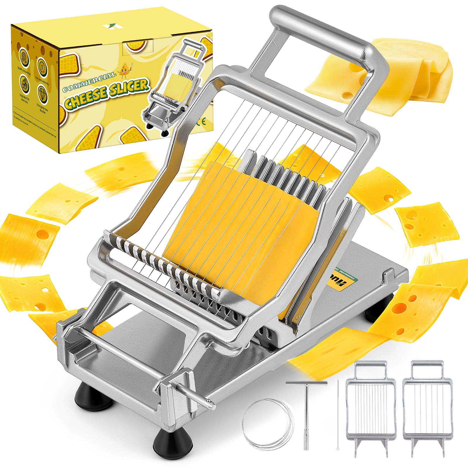 Huanyu Commercial Cheese Slicer with 1cm & 2cm Cutting Board Stainless Steel Cheese Cutter with Wire Multifunctional Wire Cutter for Cheese, Butter, Toasts and Luncheon Meat