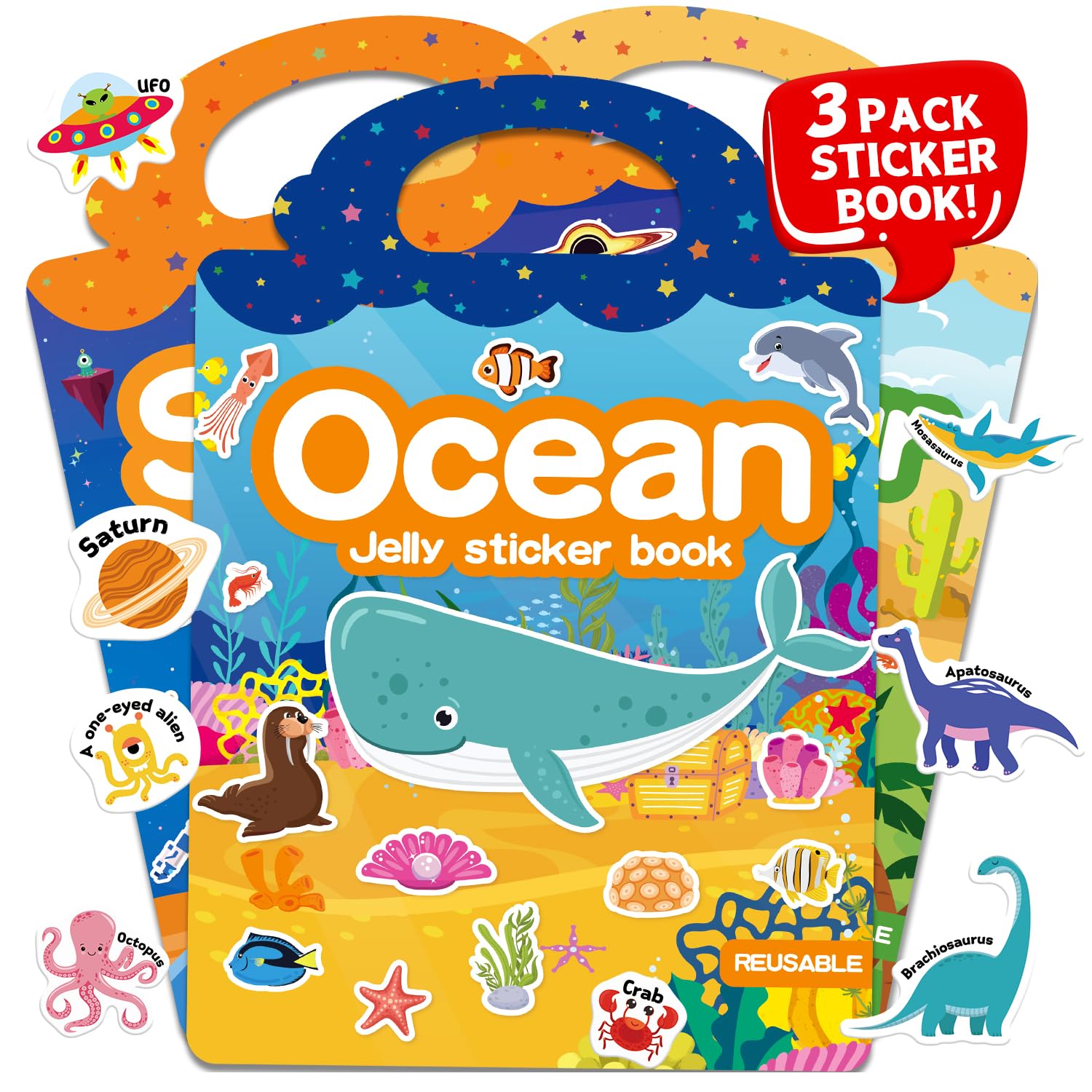 3 Sets Reusable Sticker Book for Toddlers 3-6, Jelly Sticker Books for Toddler, Travel Sticker Activity Toys for Kids 3 4 5 6 Years Old Girls & Boys（Ocean + Space + Dinosaur）