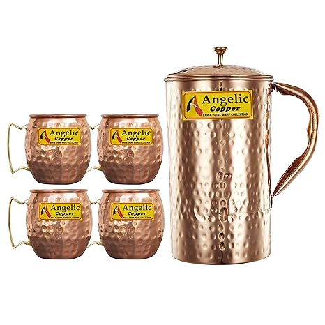Angelic Copper Handmade Jug with Cup Set, Set of 4, Brown