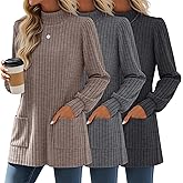 Sweetyweee 3 Pack Women's Long Sleeve Mock Neck Sweaters, Ribbed Knit Long Tops Turtleneck Loose Fit Tunic Shirt with Pockets