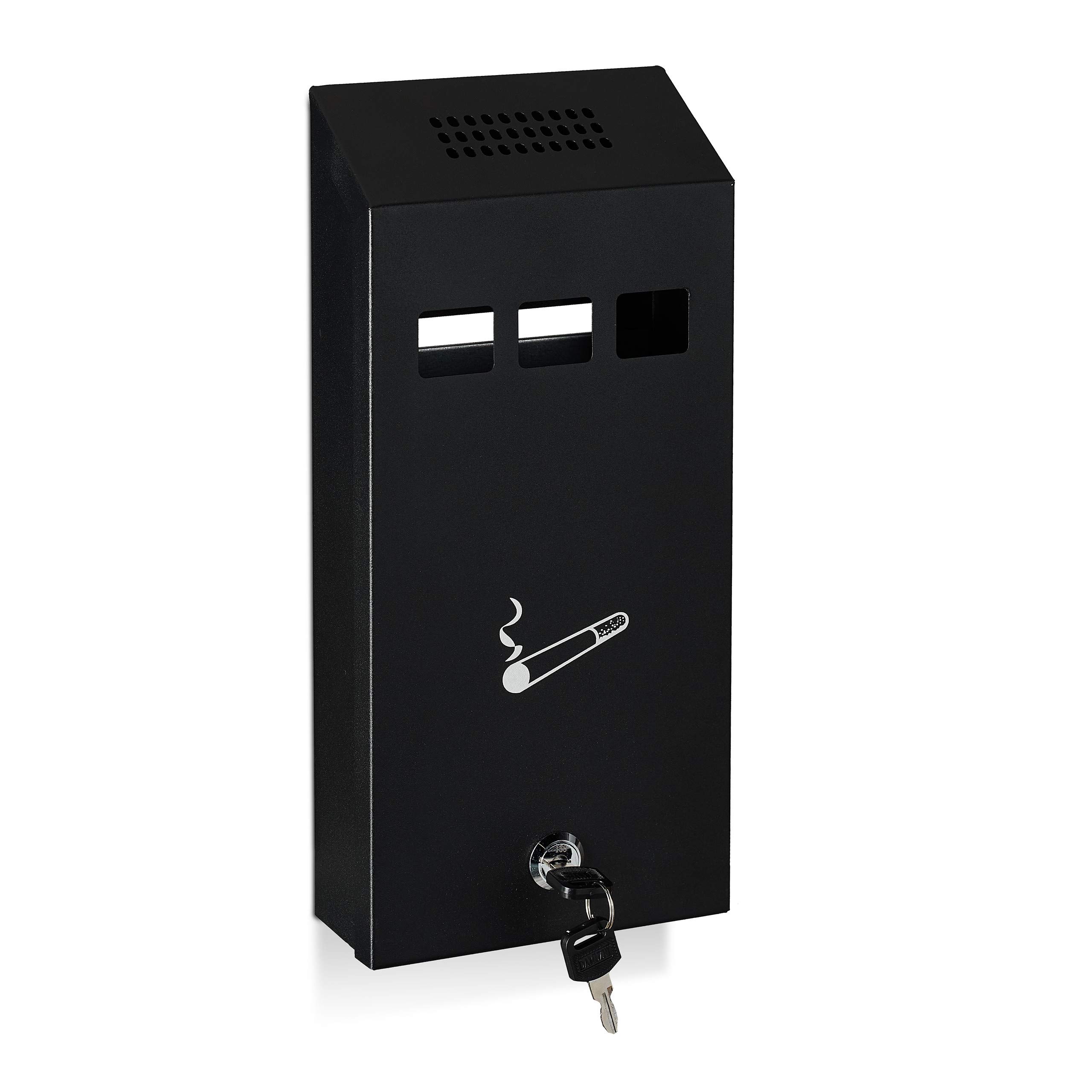 Relaxdays Wall-Mounted Ashtray for Outside, Weatherproof, Lockable, with Mounting Material & Keys, HWD 32x15x6 cm, Black