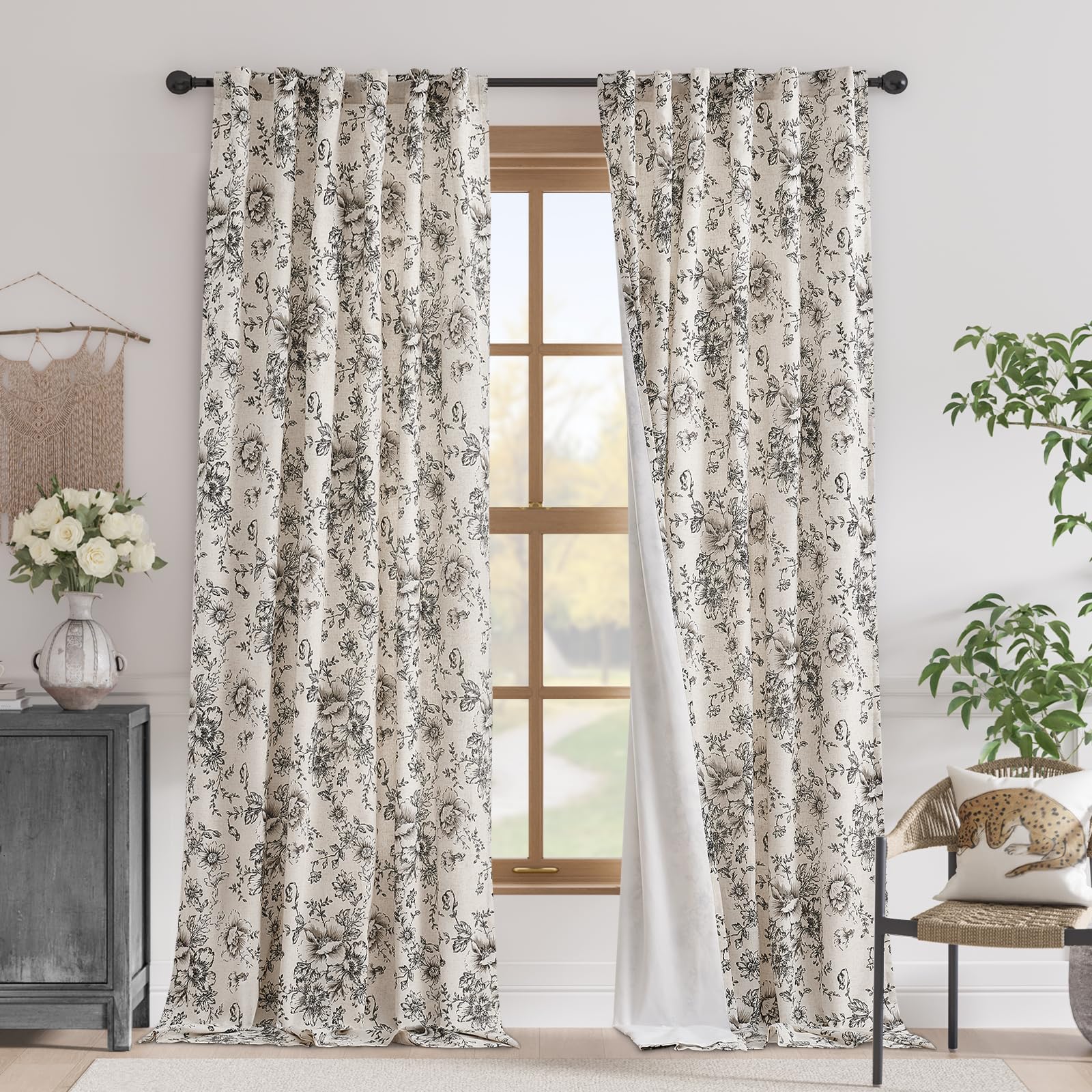 Photo 1 of jinchan Blackout Linen Blend Curtain Floral Blackout Curtains for Living Room 102 Inch Length Black Printed with Lined Blackout Curtain for Bedroom Farmhouse Curtain Set 2 Panels