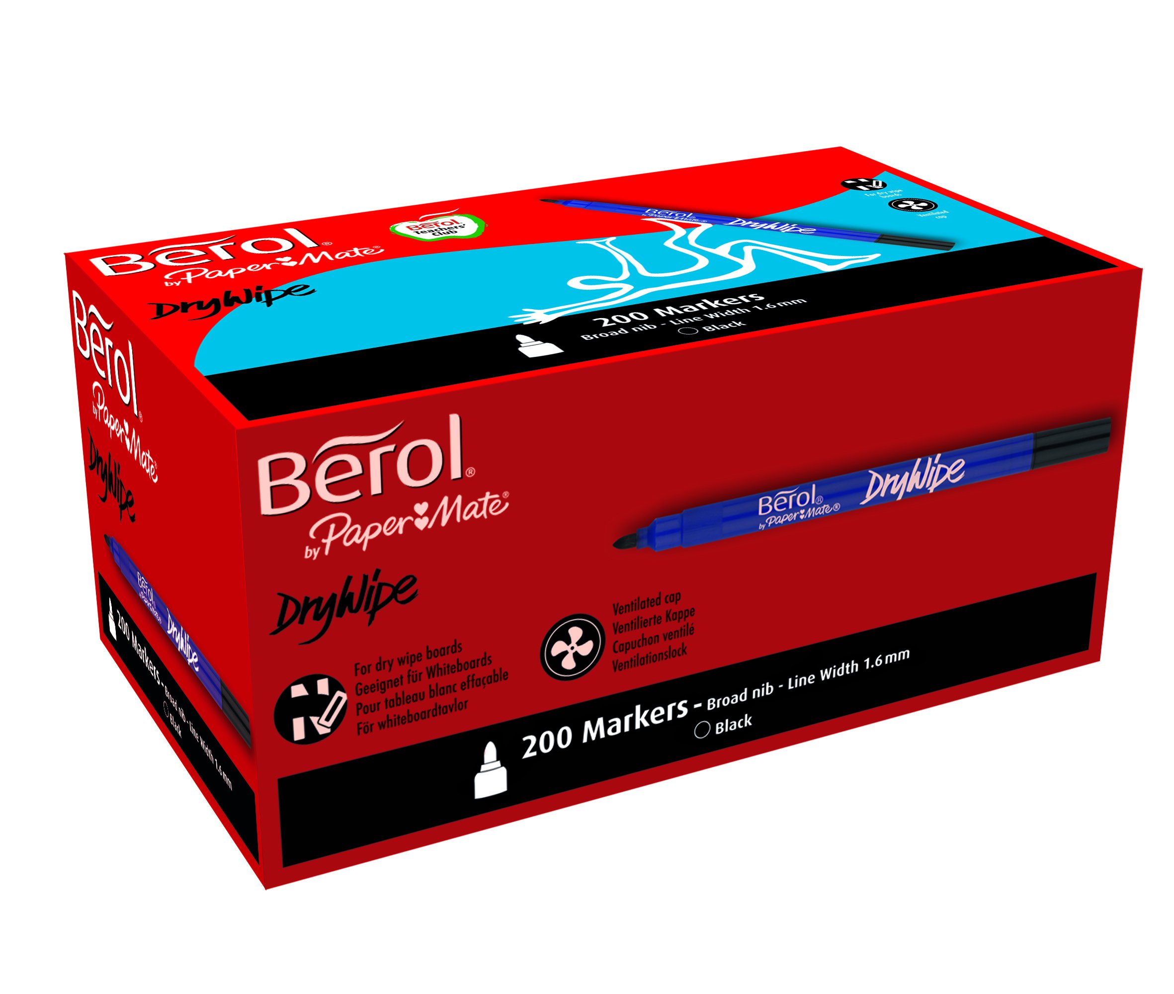 Berol Dry Wipe Pen Broad Nib 1.6 mm - Black, Box of 200