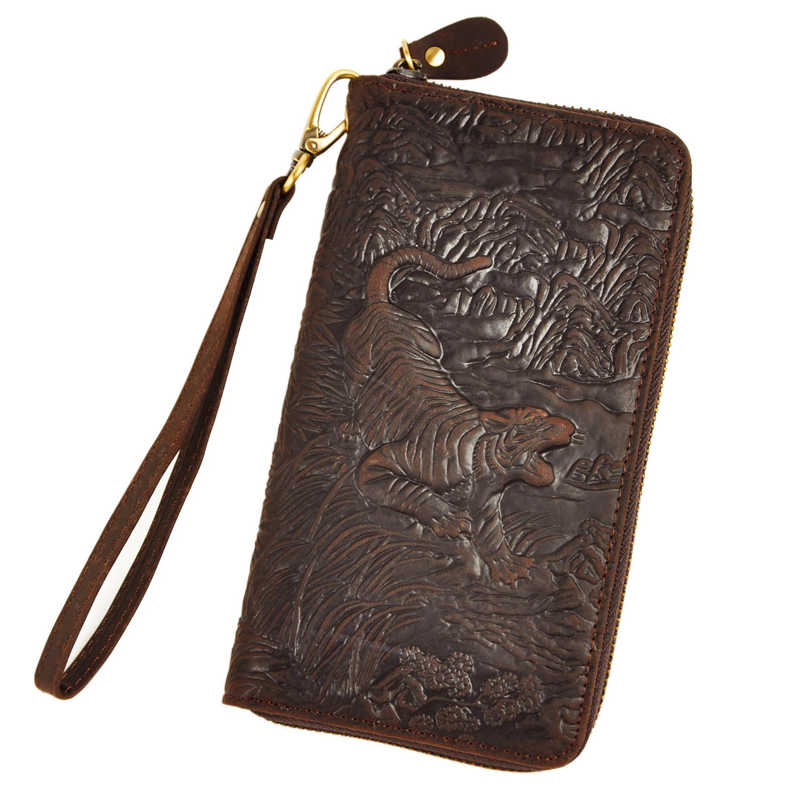 Le'aokuu Mens Genuine Leather Bifold Wallet Purse Organizer Embossed W1016 Dark Brown Tiger