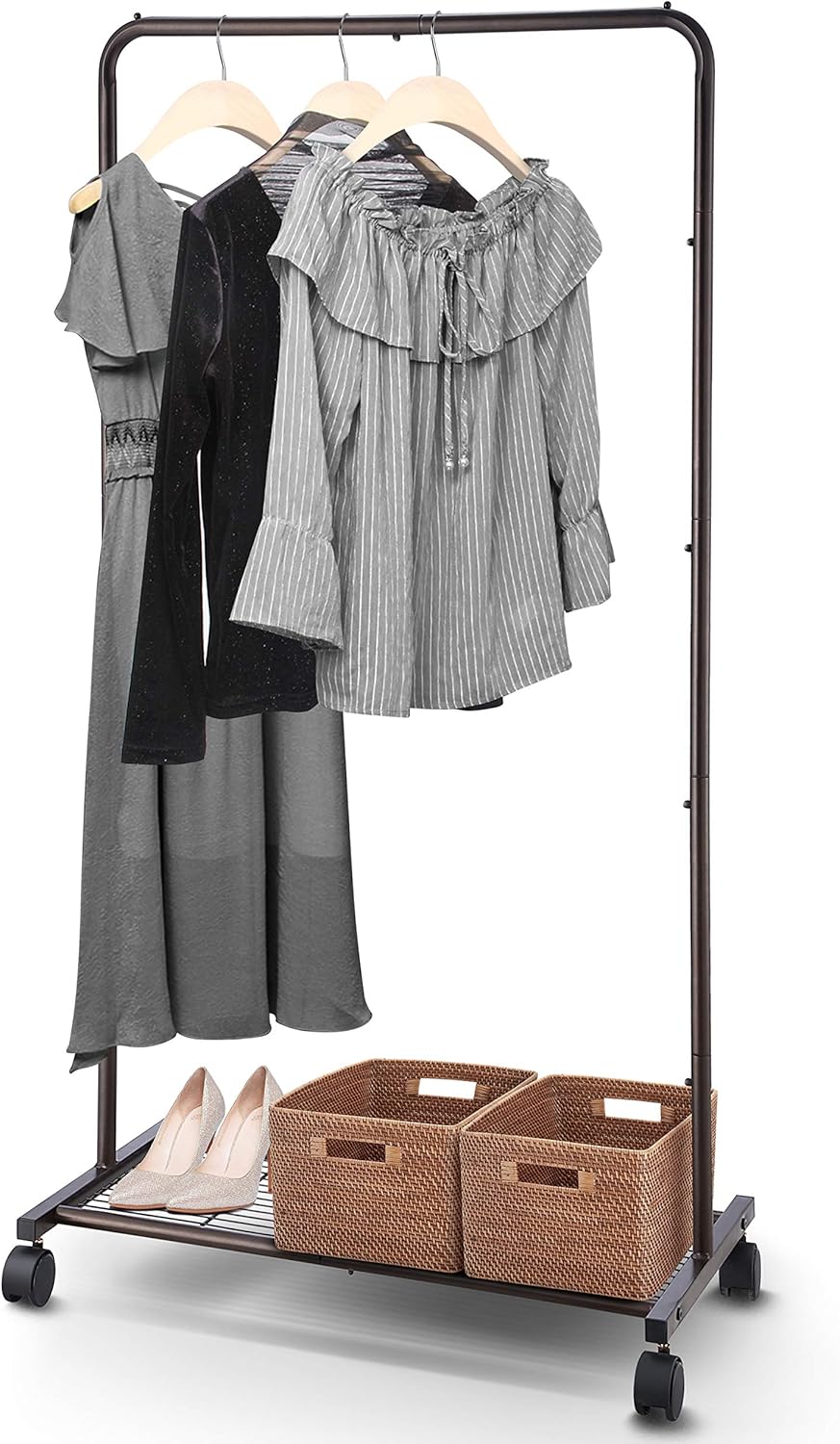 Simple Trending Standard Clothes Garment Rack, Clothing Rolling Rack with Mesh Storage Shelf on Wheels, Bronze: Home Improvement