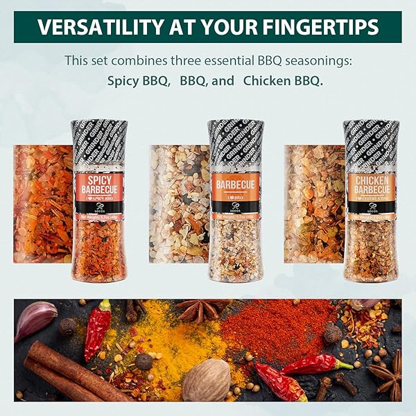 SOEOS SPICE SEASONING SET OF 3, 5.2OZ(146G), WITH INTEGRATED GRINDERS, SALT AND PEPPER GRINDER SET, PURE AND FRESH PERFECT FOR BBQ SEASONING GIFT SET, GRILLING SPICE, HERB, SPICE & SEASONING GIFTS