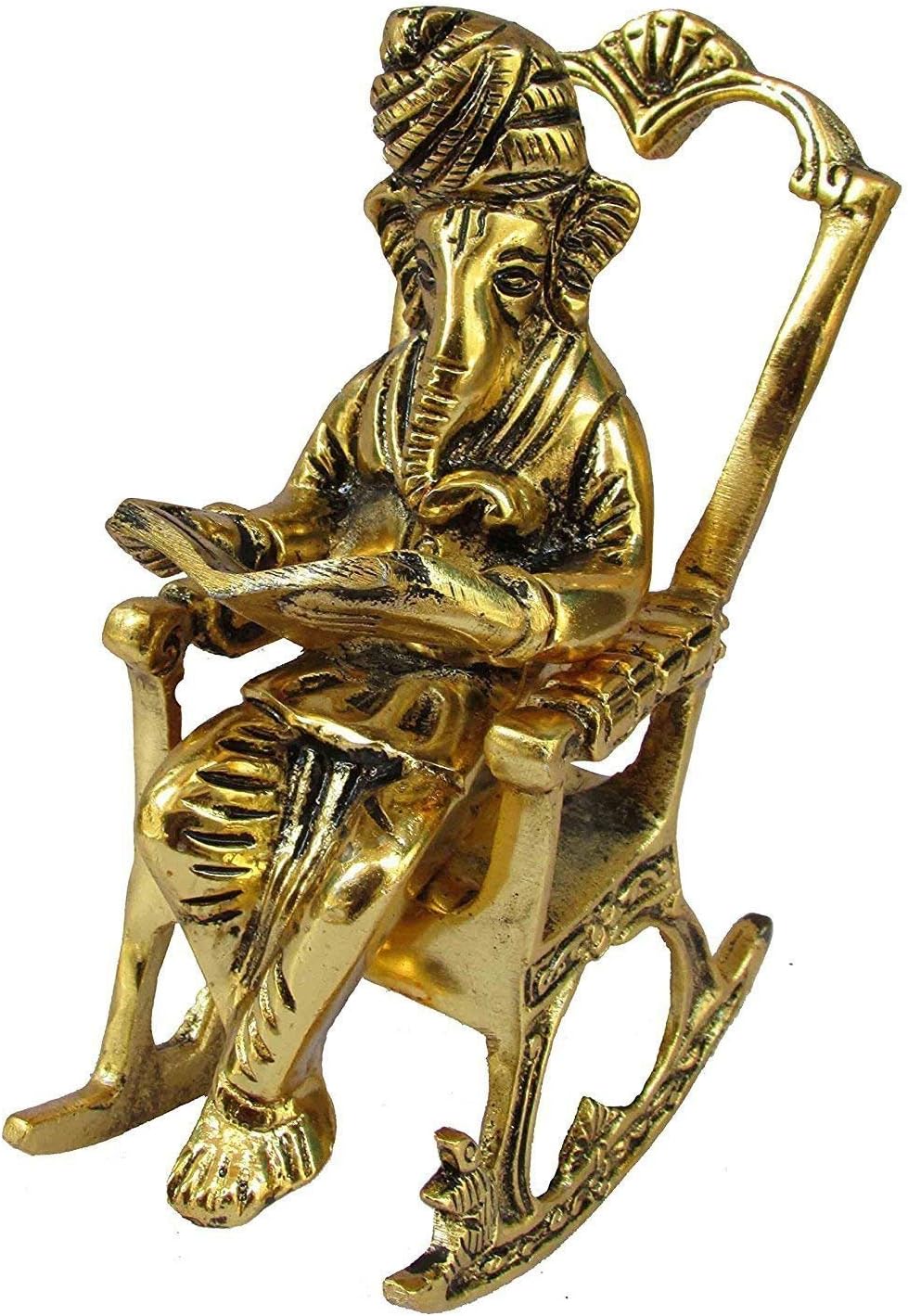 Crafticia Oxidised Golden Lord Ganesha Statue Sitting On A Chair And Reading Ramayan Figurine Of Lord Ganesh Home Decorative Ganpati Statue feng shui gifts (6 inch, Gold)