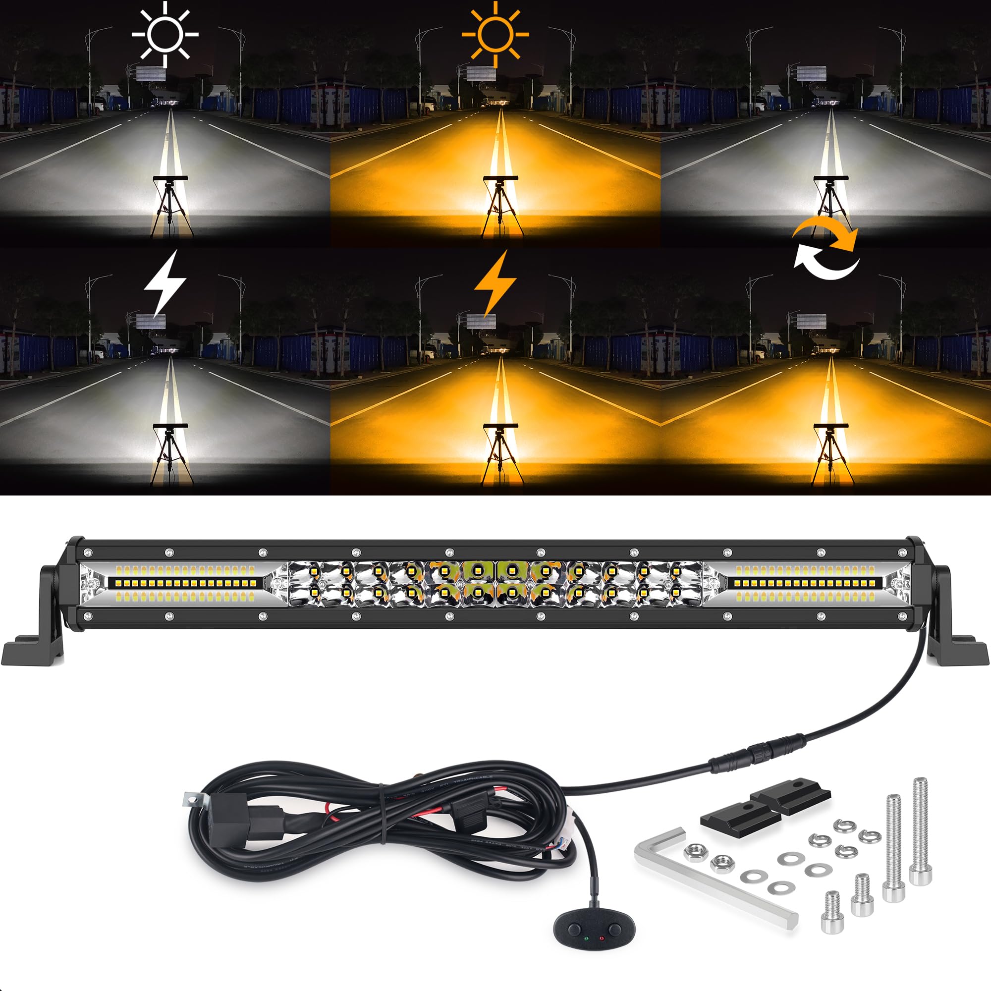 Photo 1 of 20 Inch Led Light Bar Single Row White Amber Strobe Lights Warning Led Work Light for Off Road 4x4 Boat SUV ATV 4WD Car Truck 12V 24V Driving Fog Lights with Dual Switch 10FT Wiring Harness Kit