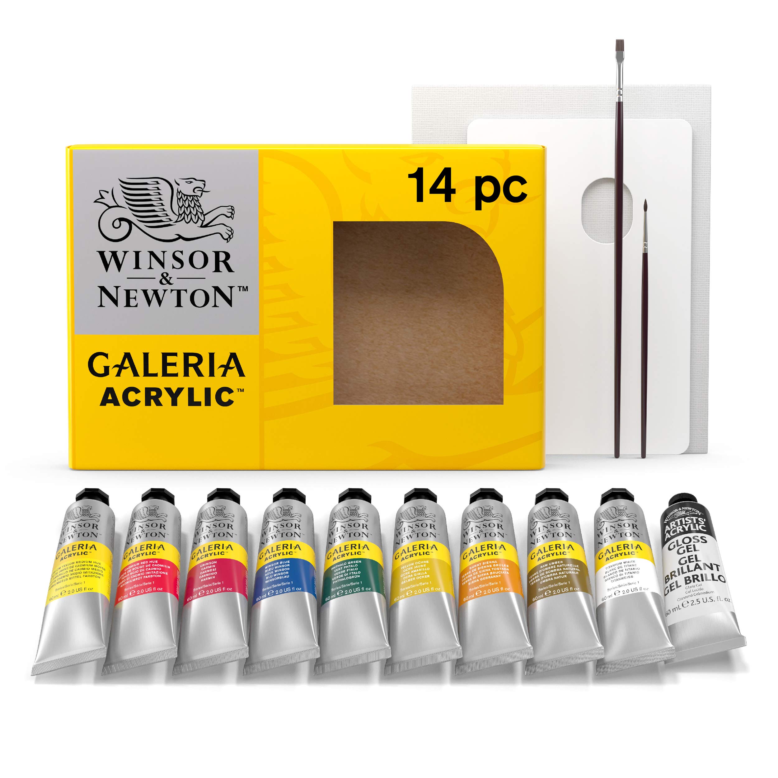 Winsor & Newton, Galeria Acrylic, 10x60ml Tube Set + 1 x Winsor Canvas Board, 1 x Plastic Palette, 2 x Galleria Brushes