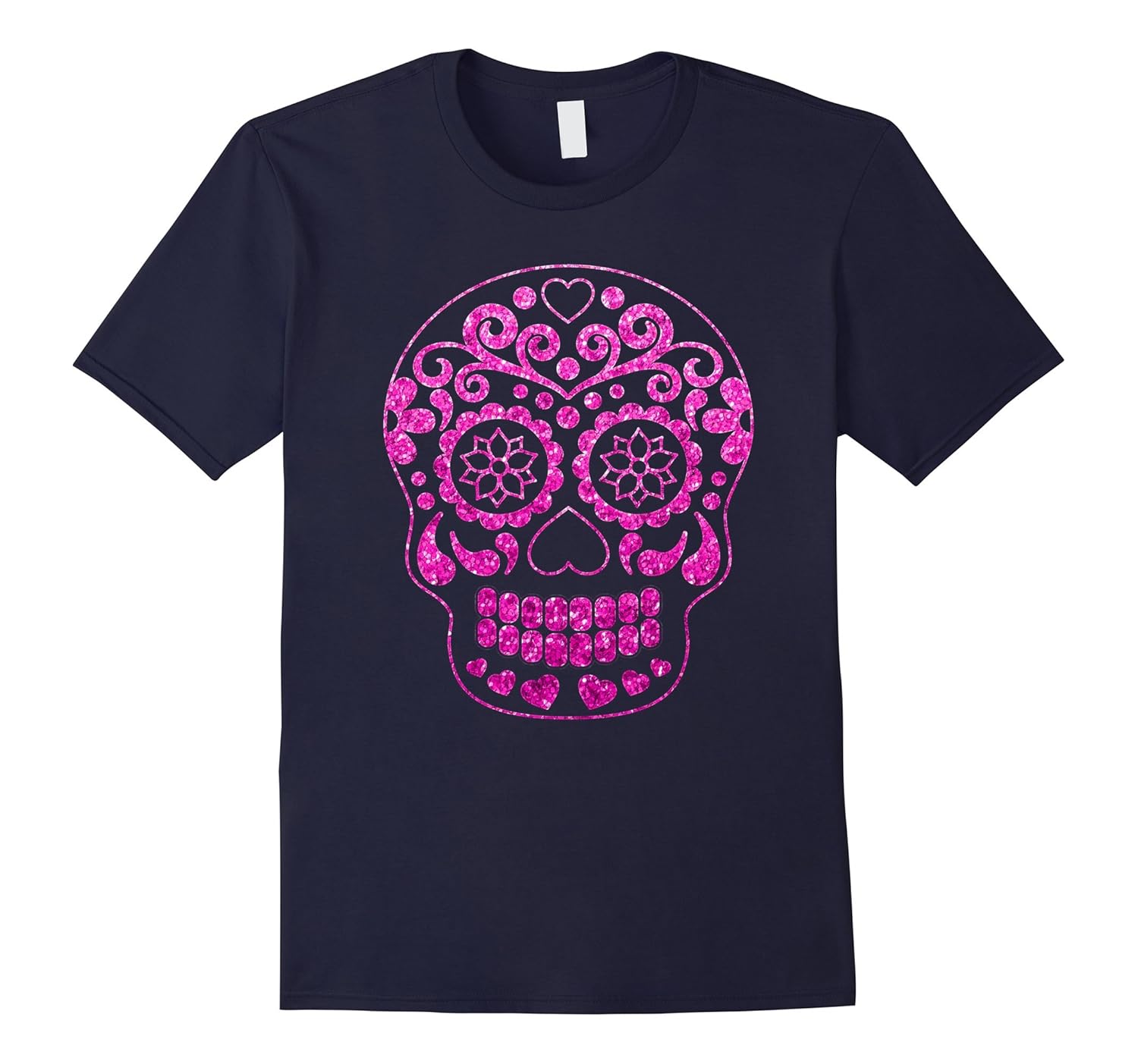 Hot Pink glitter effect Sugar Skull Tshirt Halloween Party-Rose