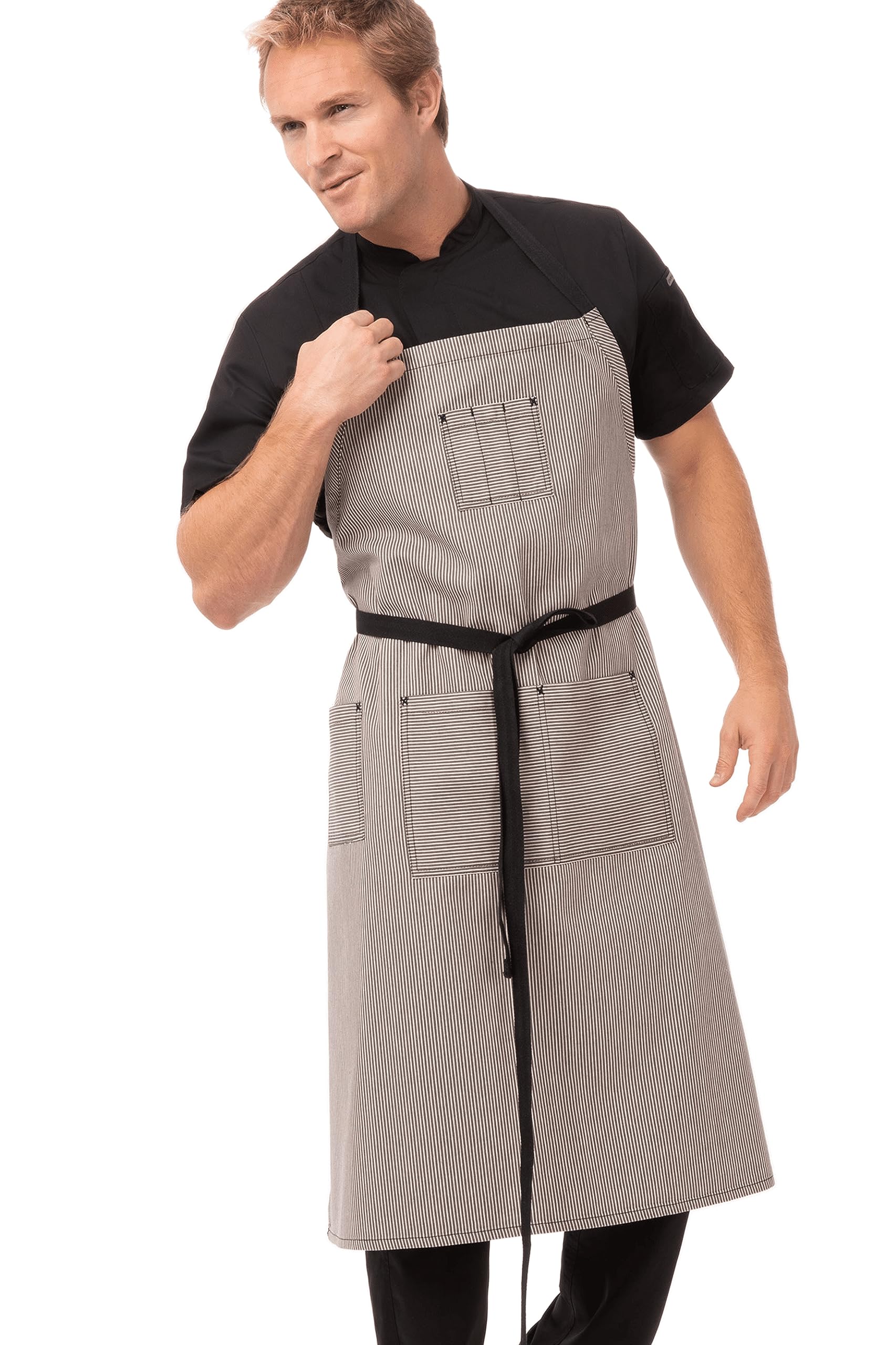 Chef Works AB038-BLK-0 Fine Stripe Bib Apron, Grey