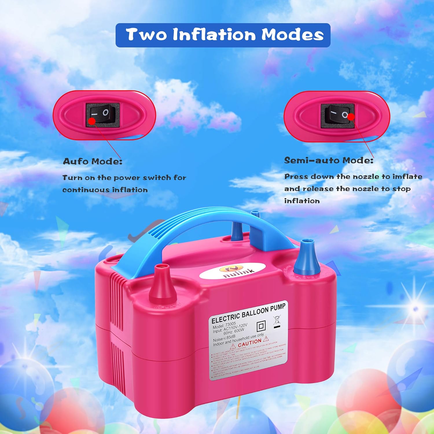 NuLink Electric Portable Dual Nozzle Balloon Blower Pump Inflation for Decoration, Party, Sport [110V~120V, 600W, Rose Red]: Toys & Games