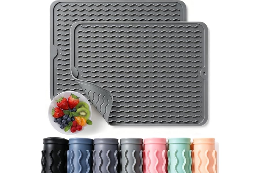 2 Pack Caketime Silicone Dish Drying Mat for Kitchen Counter Heat Resistant Under Sink Waterproof Coffee Bar Accessories Dining Rack Stone Utensil Holder Countertop Decor Must Haves 2026