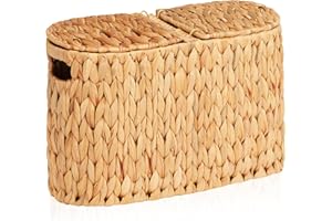 FairyHaus Wicker Toilet Paper Storage Basket with Lid & Handles, 6 Rolls Handwoven Toilet Paper Holder with Storage, Natural Water Hyacinth Toilet Paper Holder Stand Basket for Bathroom