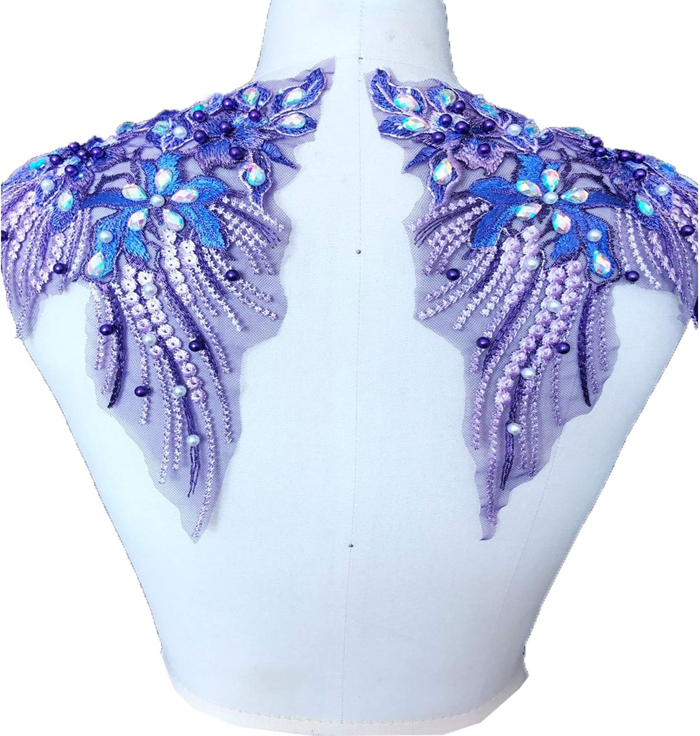 Mirror Pair Beaded Floral Lace Applique Colorful Rhinestones Jewelry Motif Embroidery Shoulder Patch for Party Costumes Dance Dress Purple
