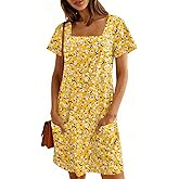 Naggoo Women Summer Sundresses Short Sleeve Square Neck Shift Tshirt Mini Dress with Pockets