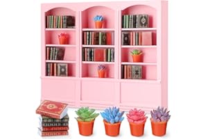Yuntau 45 Pcs 1: 12 Miniatures Dollhouse Books 4 Pcs Dollhouse Plants and 1 Pcs Mini Bookshelf 4 Floors Dollhouse Bookcase Display Cabinet Miniature Dollhouse Furniture Accessories (Pink)