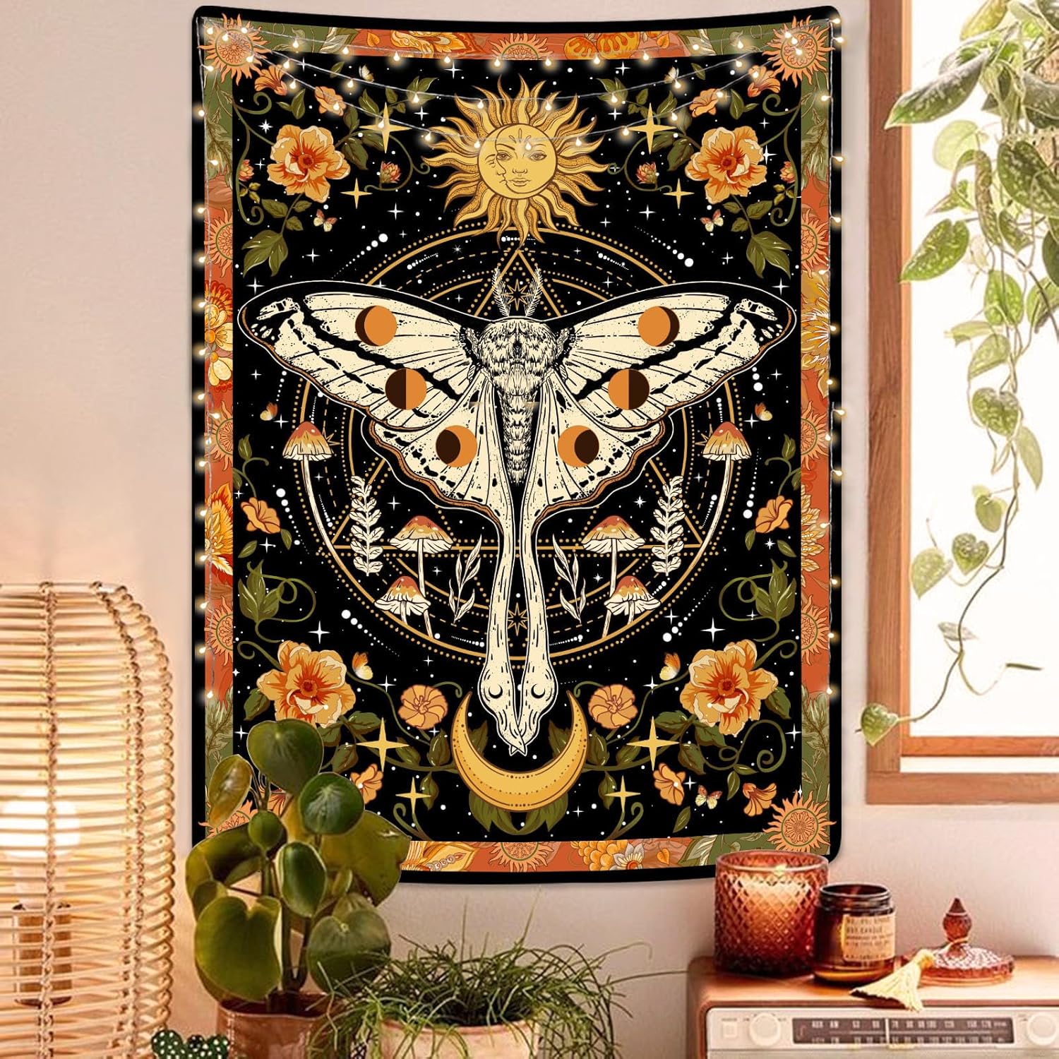 Tapestries - Aipon Orange Moth Tapestry Boho Retro Floral Flowers Tapestries Aesthetic Vintage Mushroom Tapestry Bedroom Indie Vertical Tapestry Wall Hanging for Living Room Dorm (44.00'' × 60.00'', Orange)