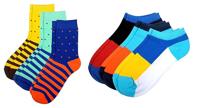 Winza Mens Mid-calf Length & Ankle Cotton Socks (Multi-Coloured, Set of 6)