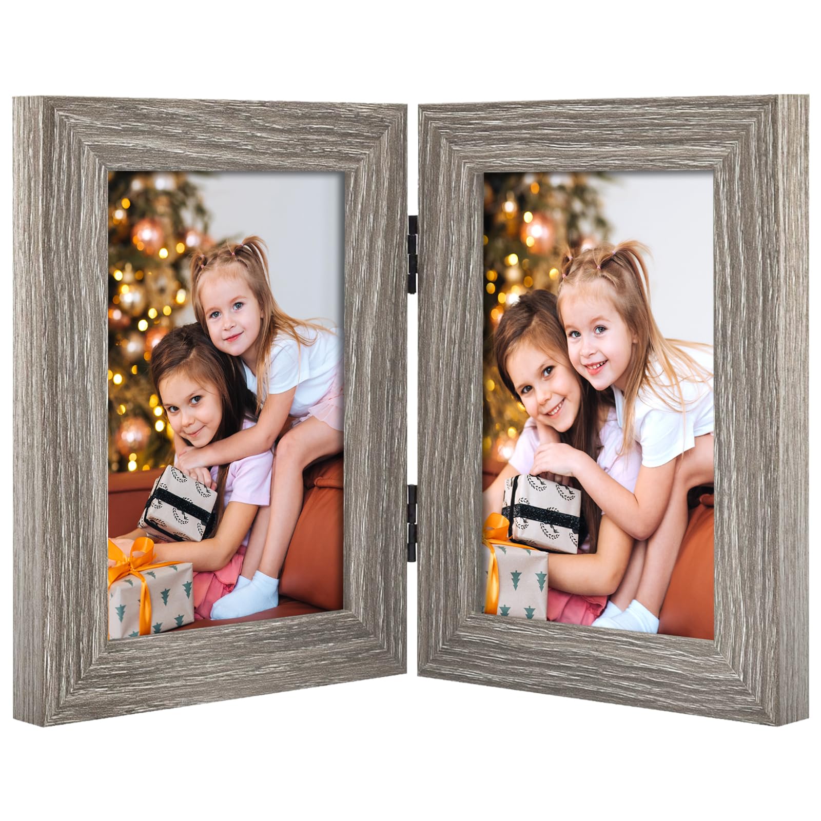 Frametory, 4x6 Double Picture Frame - Real Glass Hinged 2 Photos Collage, Desktop Picture Frame Standing Vertical (Grey, 1 Pack)