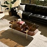 Saint Mossi Tadio Oval Glass Coffee Table, Double Layer Coffee Table for Living Room, Brown Glass & Coffee Brown MDF Bottom Shelf, H17xL47xW21