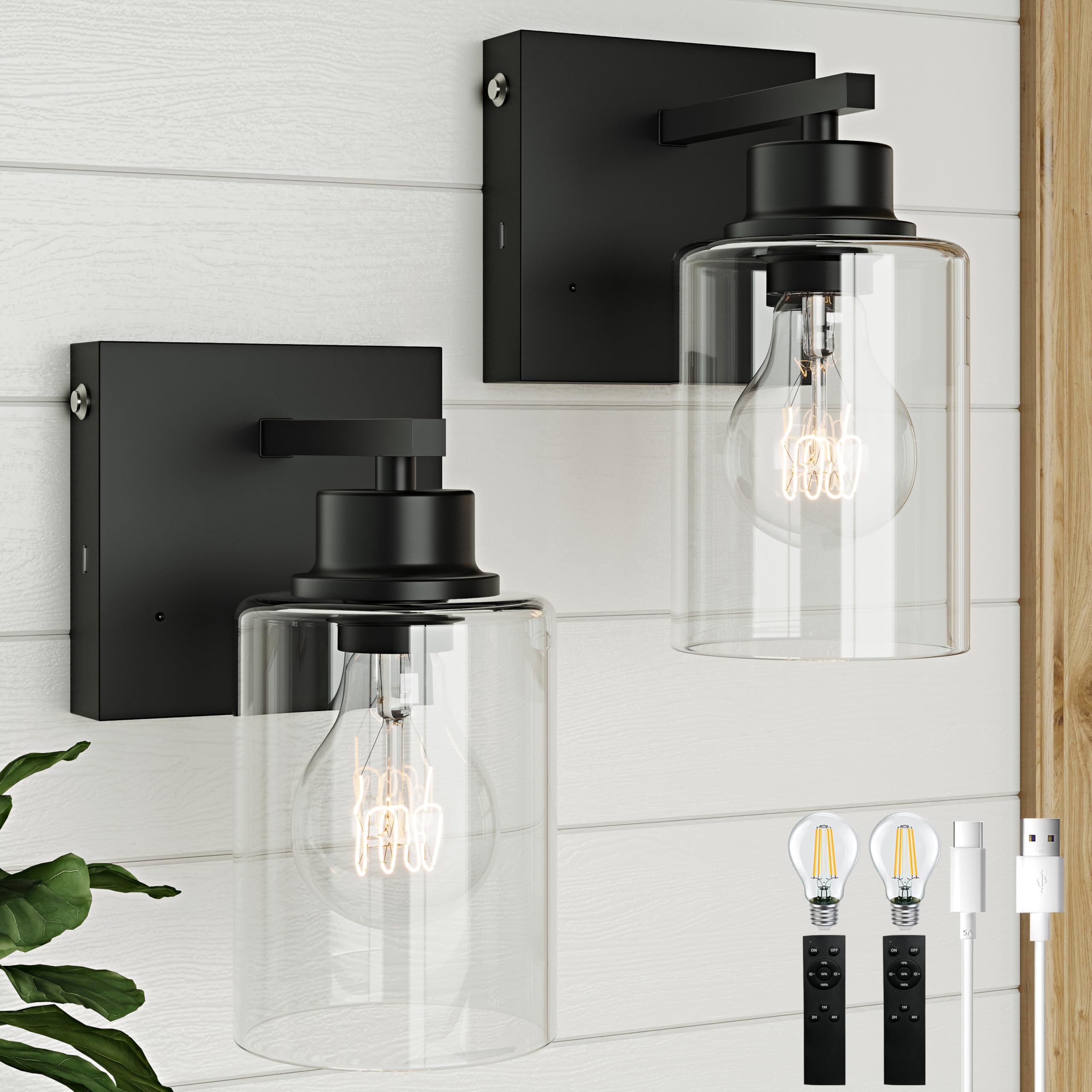 Photo 1 of Rayogale Battery Operated Wall Sconce Set of 2, Rechargeable, Wireless, Dimmable, Timer, Remote, Touch Control, 3000K, USB-C Charging for Living Room, Bedroom Black (Include 2 Specia Bulbs)