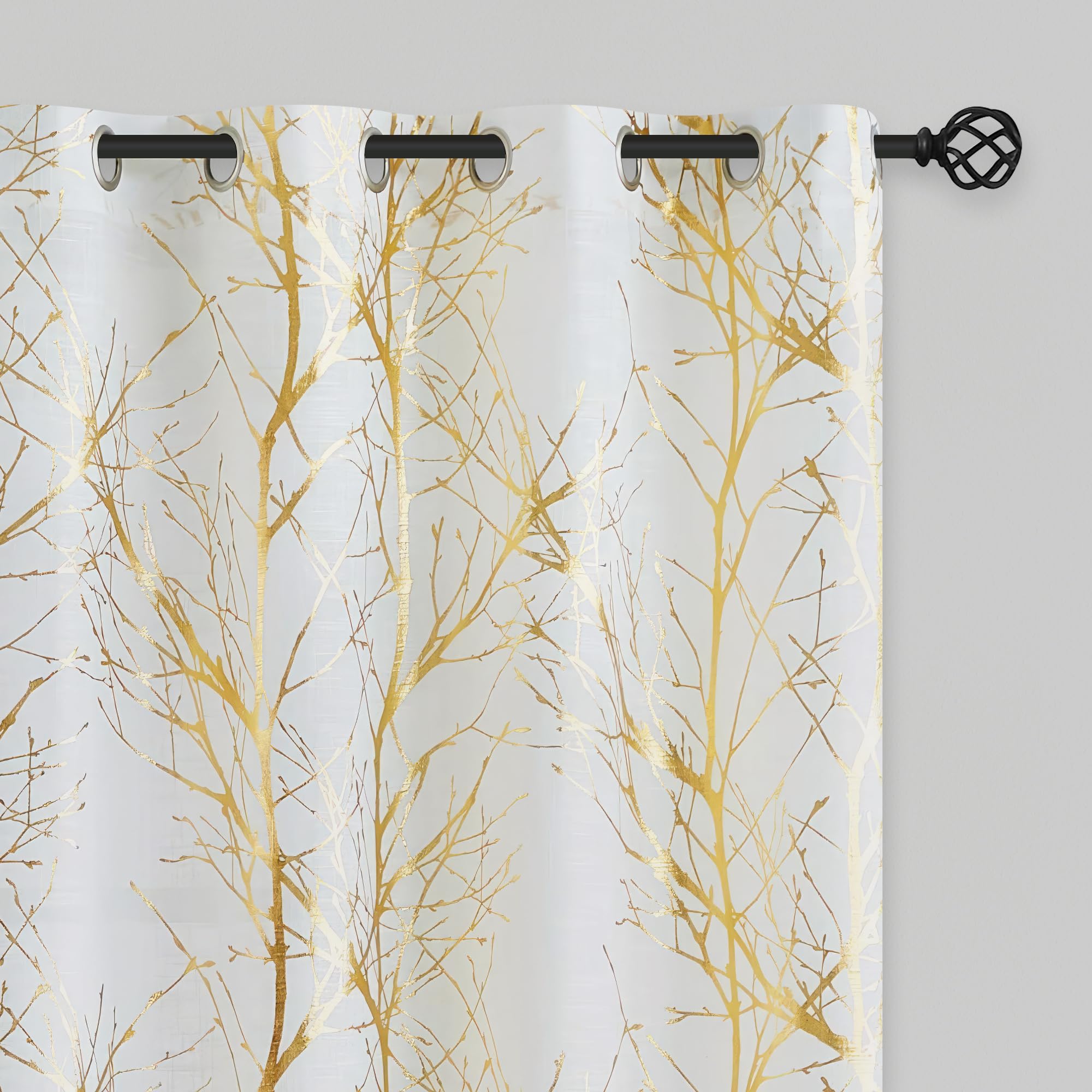 FMFUNCTEX Linen Semi Sheer Curtains, Gold Foil Metallic Print White Tree Panel for Bedroom & Living Room, Light Filtering 84 Inch Long Grommet Top 2 Panels