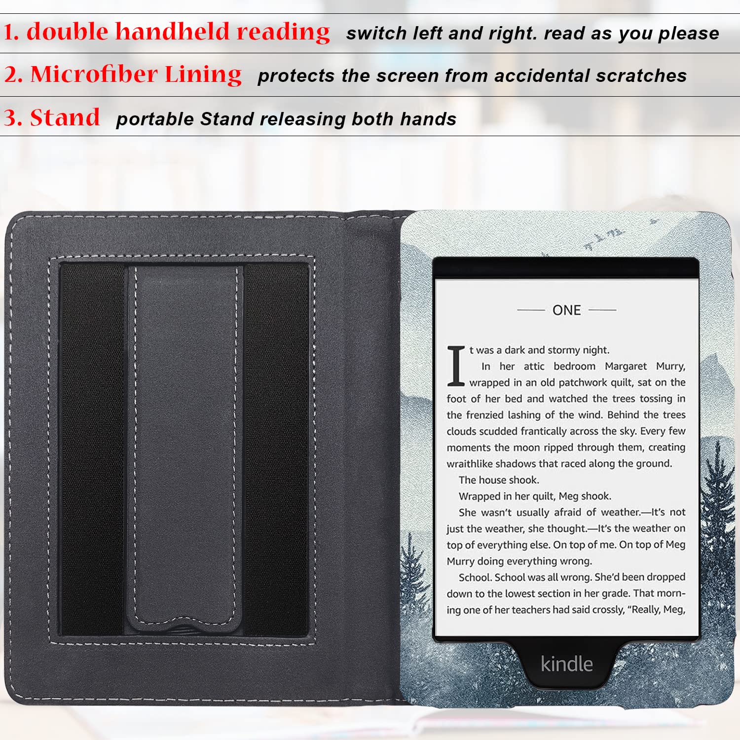 Stand Case for 6 Inch Kindle Paperwhite (10th/7th/6th 5th Generation and All 6'' Paperwhite Generations 2012 to 2018) Cover with Auto Sleep/Wake & Double Hand-held (Forest Mountains)