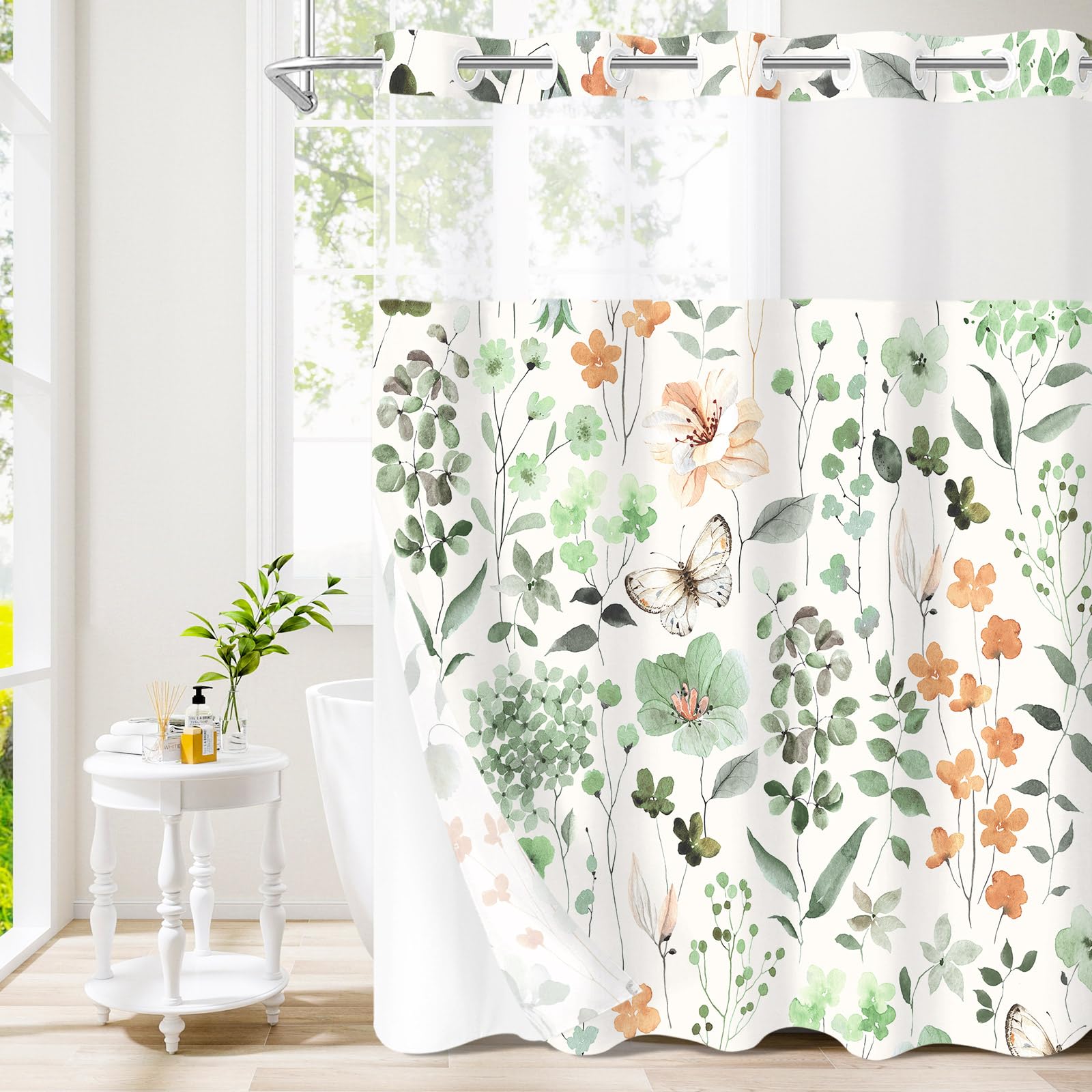 Photo 1 of **Major Damage**
Litabel No Hook Sage Green Watercolor Floral Shower Curtain and Liner Set, Spring Flower Shower Curtains with Snap in Liner for Farmhouse Bathroom Decor, Botanical Bathroom Curtain with Leaves, 72x74