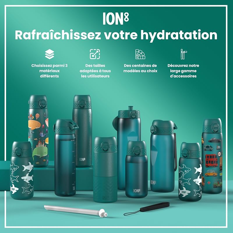 Gourde Enfant, 350 ml, Anti-Fuite, Facile à Ouvrir, Verrouillage Sécurisé, Lavable en Lave-Vaisselle, Sans BPA, Poignée de Transport, Facile à Nettoyer, Requin