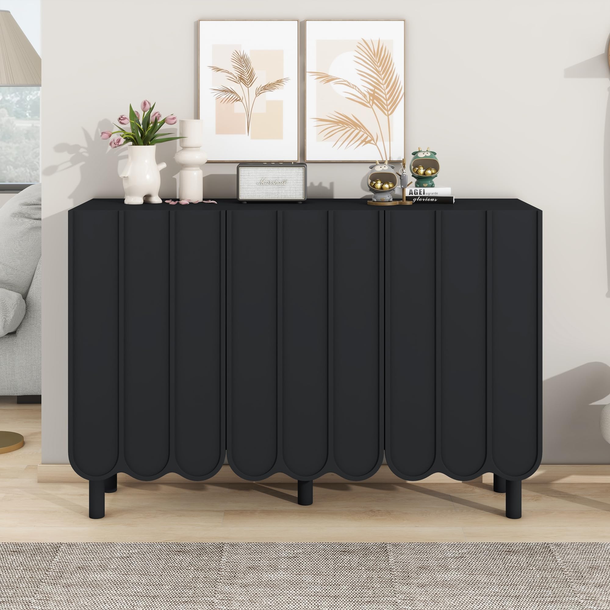 Photo 1 of Merax Modern Wood Buffet Sideboard with 3 Wave Doors, Storage Cabinet with Adjustable Shelves for Living Room Dinning Room Kitchen Black