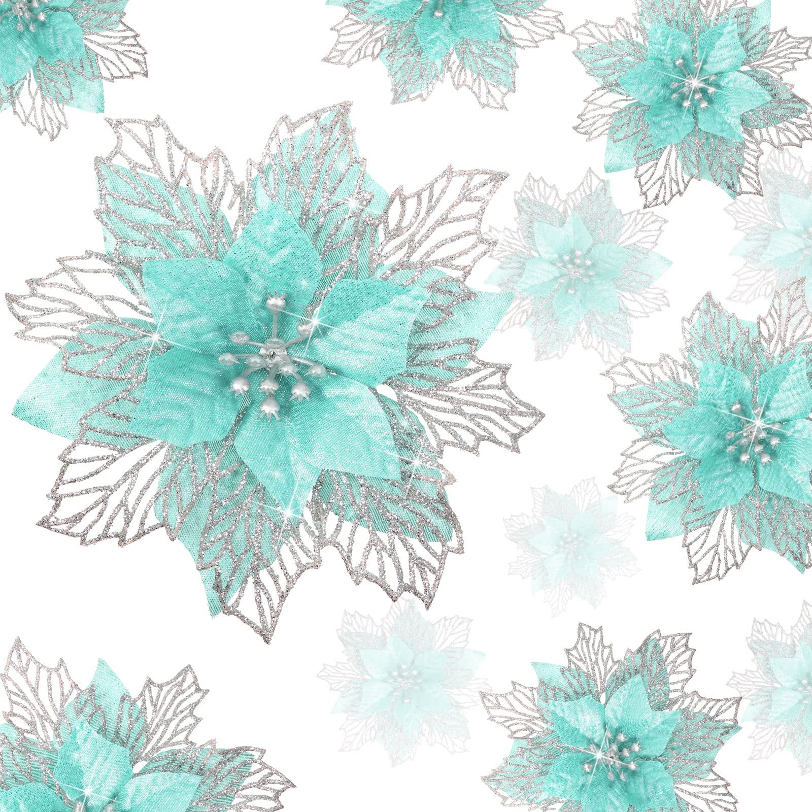 Geosar 36 Pcs 3 Size Christmas Poinsettia Flowers 3'' 4'' 6'' Tree Decorations Glitter Faux Flowers Xmas Artificial Poinsettia Ornaments New Year for Party Favor(Mint Green)