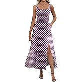 ANRABESS Women Summer Casual Floral Printed Square Neck Sleeveless Straps Elastic Waist Slit Beach Vacation Maxi Dress