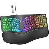 MEETION Wired Ergonomic Keyboard with Backlit Keys and Wrist Rest, Black | 7-color backlight, 4 brightness levels, RGB breathing mode, USB-A to USB-C adapter, compatible with Windows, Mac and laptops