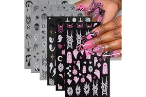 SHUXILIN 6Pcs Halloween Nail Stickers 3D Self-Adhesive Pink White Ghost Nail Decals Funny Spider Web Nail Art Stickers with Rhinestones Nail Design Supplies Charms Spider Stickers for Women Manicure Decoration