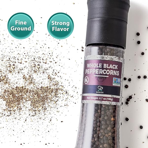 SOEOS WHOLE BLACK PEPPERCORNS, 6.7OZ (190G) AND HIMALAYAN PINK SALT, 13.4OZ (380G), PLASTIC BOTTLE GRINDER WITH SPICE GRINDER WITH SALT AND PEPPER SHAKER, SALT AND PEPPER SET.