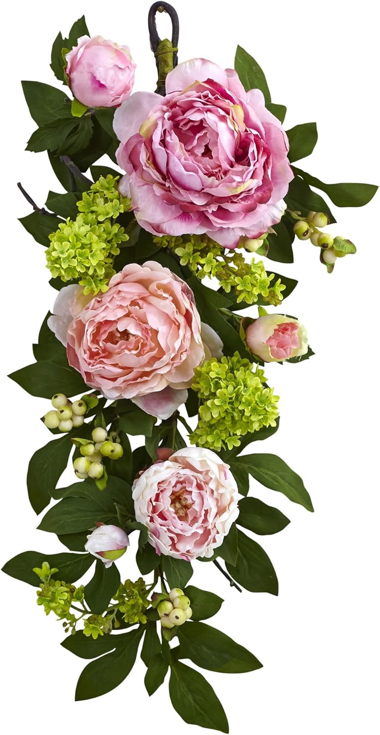 Nearly Natural 24in. Mixed Peony & Hydrangea Teardrop Garlands Pink,21'' x 6.5'' x 7.25''