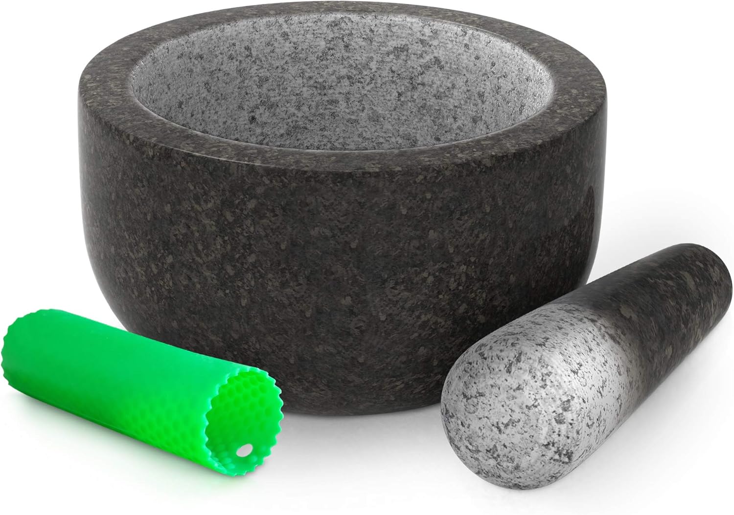 PriorityChef Mortar and Pestle Set, 100% Natural Granite with Polished Black Exterior Finish, 2 Cup Capacity, Silicone Garlic Peeler Included: Kitchen & Dining