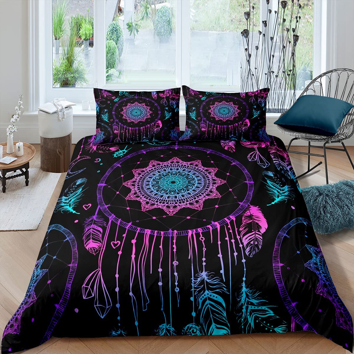 Loussiesd Dream Catcher Bedding Duvet Cover Set Girls Women Boho Dreamcatcher Bedding Set Teens Bohemian Style Comforter Cover Feather Bedding & Linen Bedclothes King Size Boys