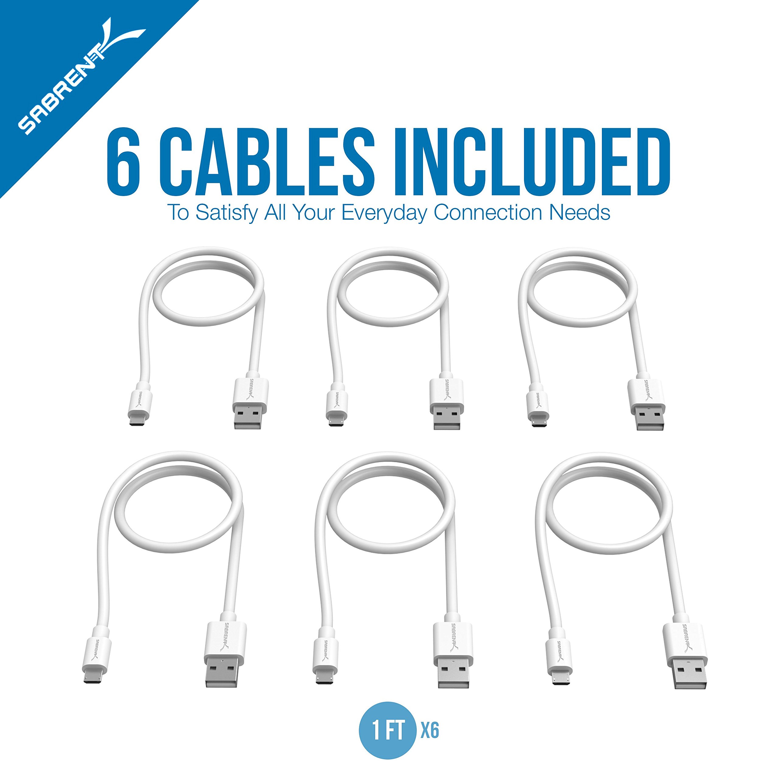 SABRENT [6-Pack 22AWG Premium 1ft Micro USB Cables High Speed USB 2.0 A Male to Micro B Sync and Charge Cables [White] (CB-M61W)
