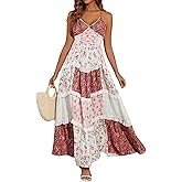 Women Floral Maxi Dress Spaghetti Straps V Neck Lace Patchwork Flowy Tiered Wedding Guest Long Dresses