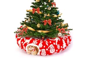 Cat Tunnel Bed Christmas Tree Skirt for Indoor Cats, Maansfy Large Peekaboo Cat Cave Decorative Christmasn Donut Tunnel MultifunctionalTube Playground Toys for Kitten Medium Large Cat (Red)