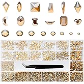 Nail Rhinestones Set, Multi Shapes Champagne Gold Rhinestones for Nails, Mixed Size Nail Charms, Flatback Nail Jewels with Wax Pencil and Tweezers, Storage in Rinestones Set Box