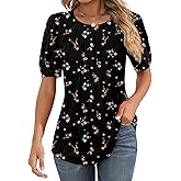 Riyiper Women's Short Sleeve Pleated Tops Crew Neck Puff Sleeve Spring Blouses Tunic Top Summer Dressy Casual T Shirt