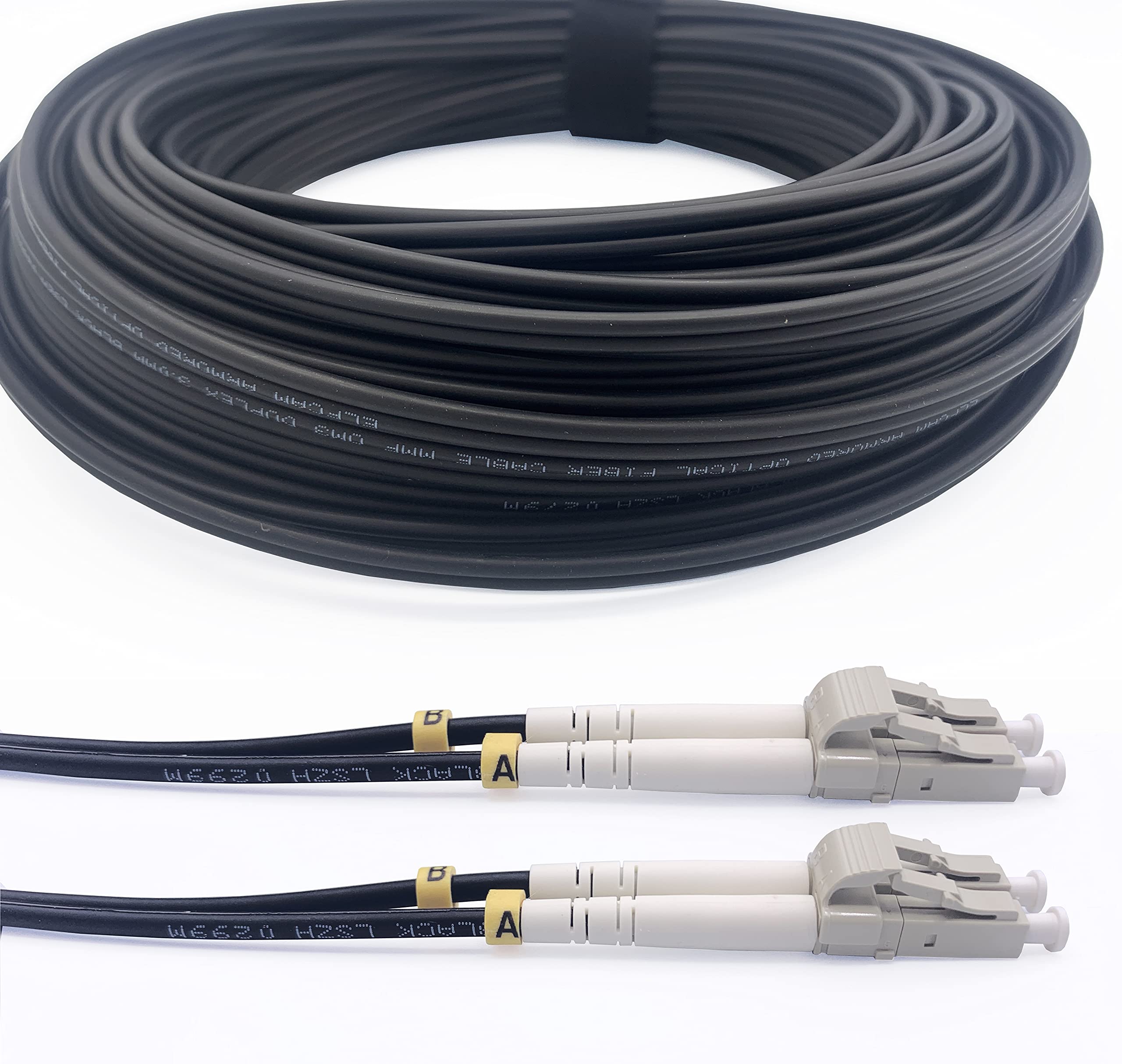 Elfcam® Fibre Optic Cable in Reinforced Steel for Outdoor and Indoor use, LC/UPC to LC/UPC, OM3, Multimode Duplex, 50/125um, Black, (200 M).