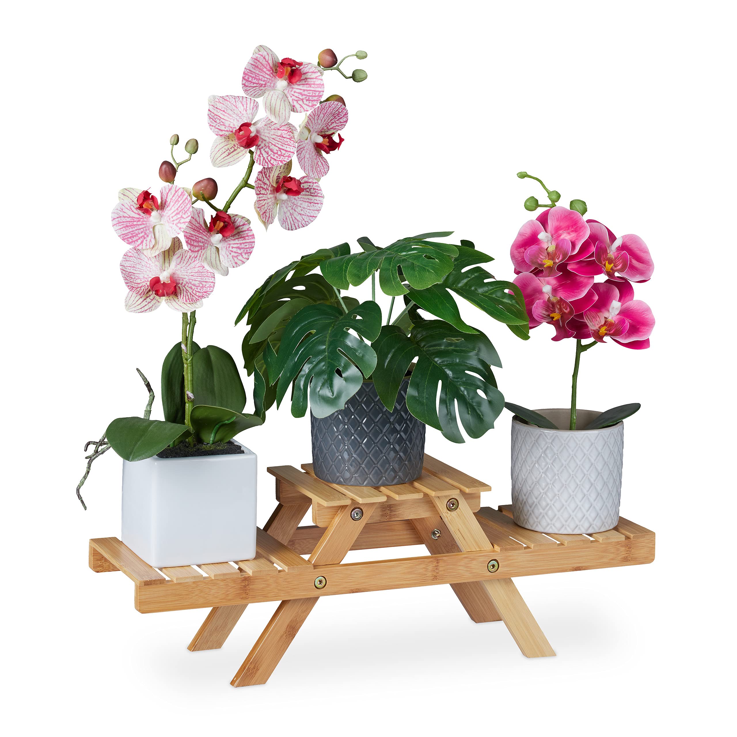 Relaxdays Plant Stand, 3 Shelves, Flower Rack, Indoor, H x W x D: 17 x 51.5 x 15 cm, Bamboo, Natural