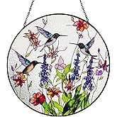 Hummingbirds and Wild Flowers Stained Glass Suncatcher, Handmade Window Hanging Wall Art with Chain, Real Glass Indoor Home Decor, Unique Sun Catcher Gift for Women, 7.8”